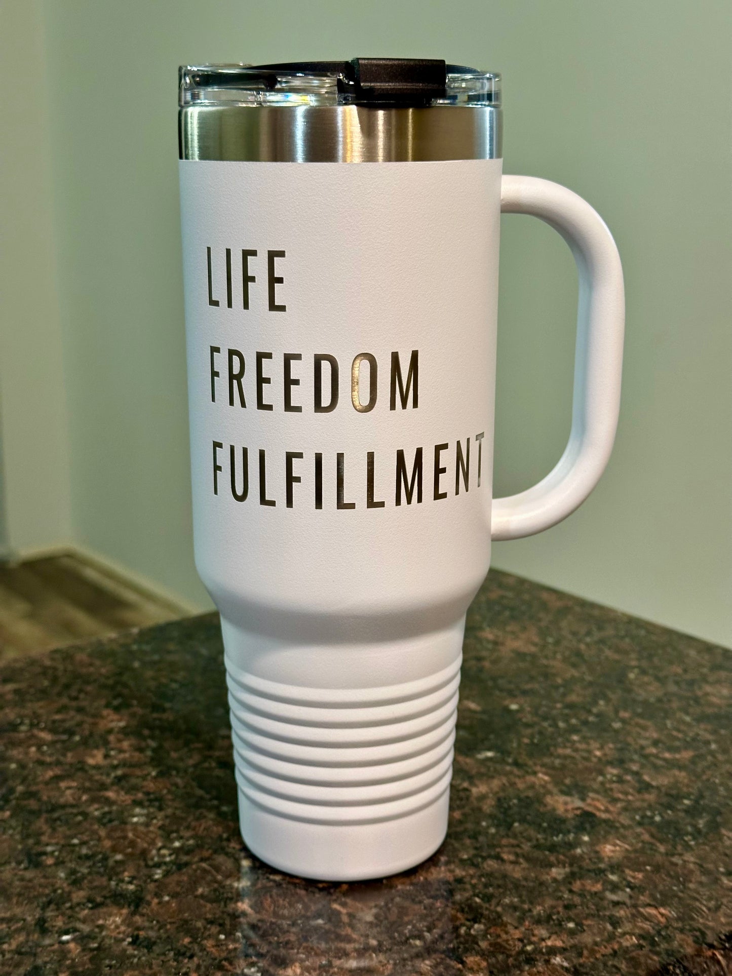 MC Life, Freedom, Fulfillment 40 oz. Vacuum Insulated Travel Mug - White